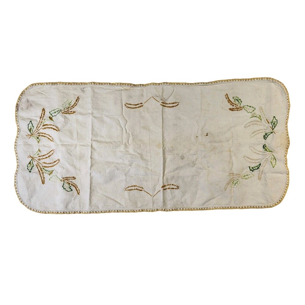 Vintage Linen Table Runner Dresser Scarf Gold Vines Green Autumn Embroidered 34"